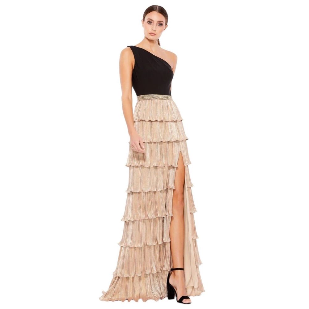 IEENA MAC DUGGAL One Shoulder Layered Metallic Ruffle Gown Black & Gold Size 4